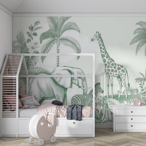 Tropical jungle mural wallpaper in children's playroom with safari animals and palm trees