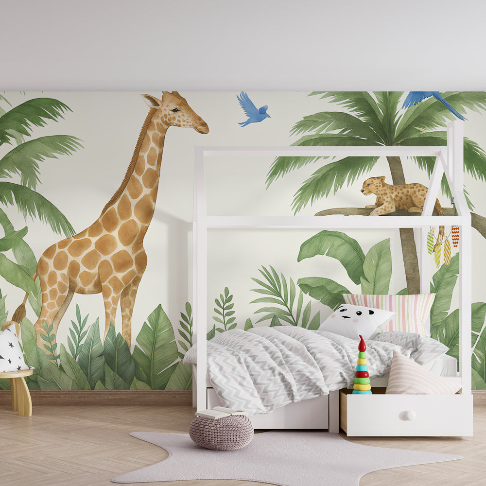 Jungle theme mural wallpaper transforming kids playroom into wildlife adventure space