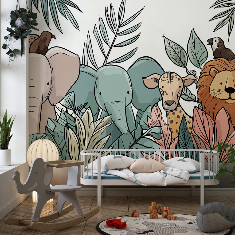 Colorful jungle foliage wallpaper transforming playroom into safari adventure space