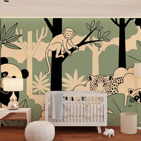 Children's jungle wallpaper featuring leopard and raccoon in bamboo forest playroom setting