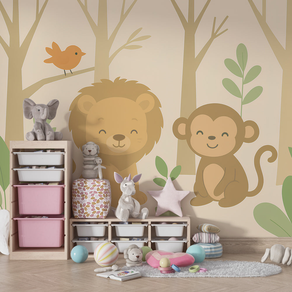 Lion and monkey jungle wallpaper creating magical safari atmosphere in kids playroom