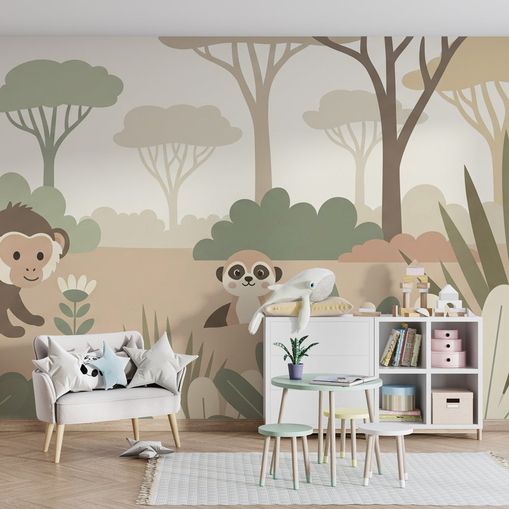 Playful jungle mural wallpaper with cute animals in colorful children's playroom
