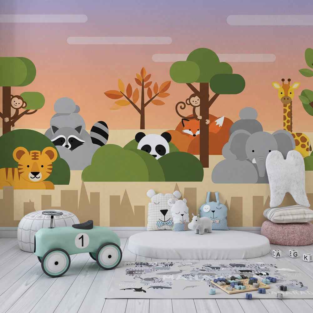 Educational jungle wallpaper featuring tigers, monkeys and elephants in modern kids playroom setting