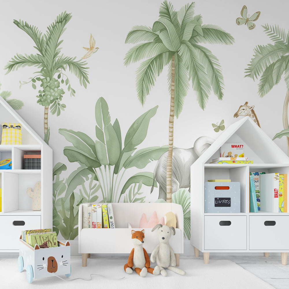 Exotic jungle wallpaper with green foliage and wildlife for kids playroom decor