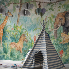 Safari themed mural wallpaper featuring tropical birds in kids playroom setting by Kids-Mundo