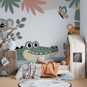 Tropical jungle wallpaper with happy animals transforming children's playroom into safari adventure