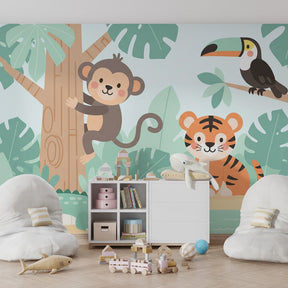 Tropical jungle wallpaper with friendly animals decorating bright kids playroom space