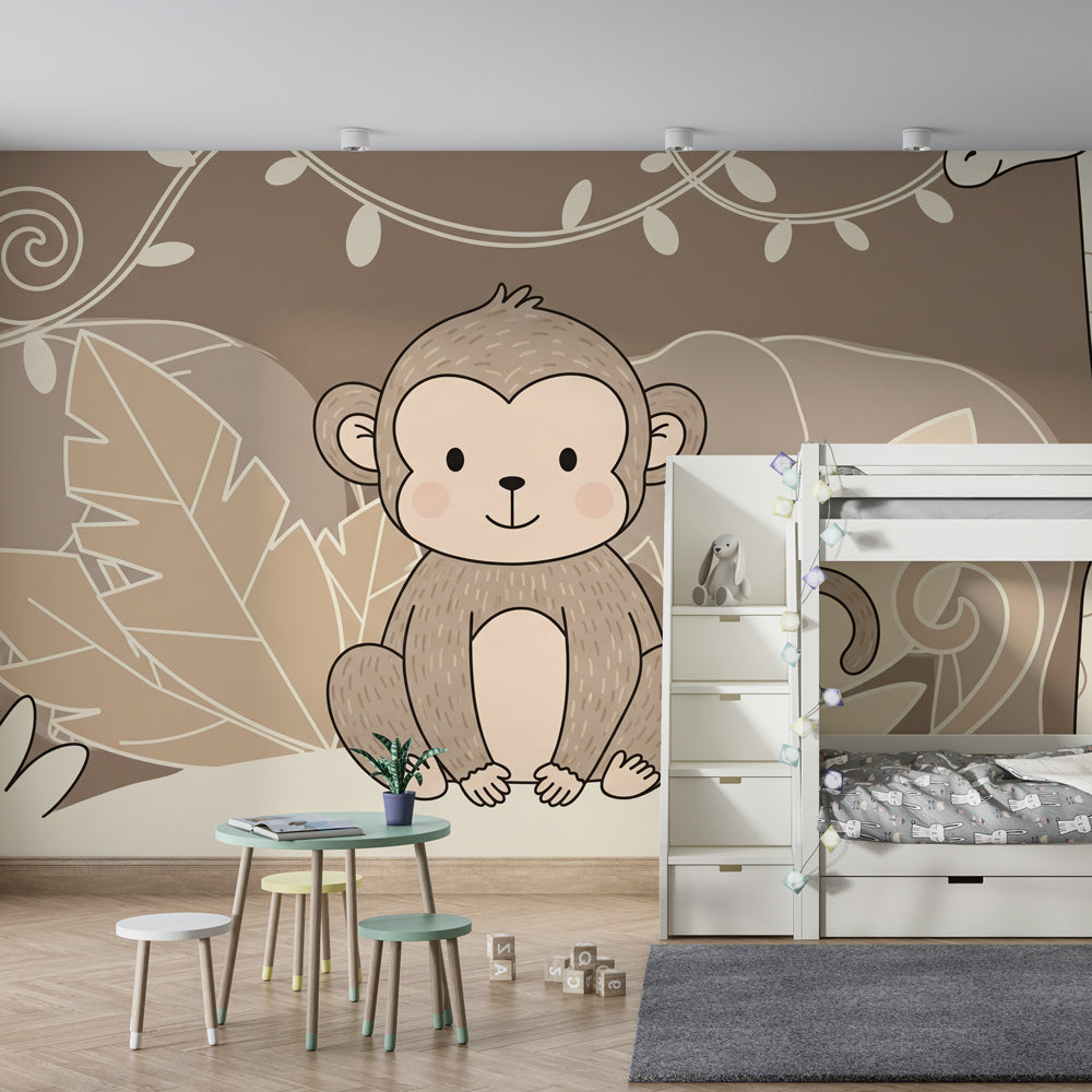 Monkey and jungle friends mural wallpaper transforming kids playroom into safari adventure space