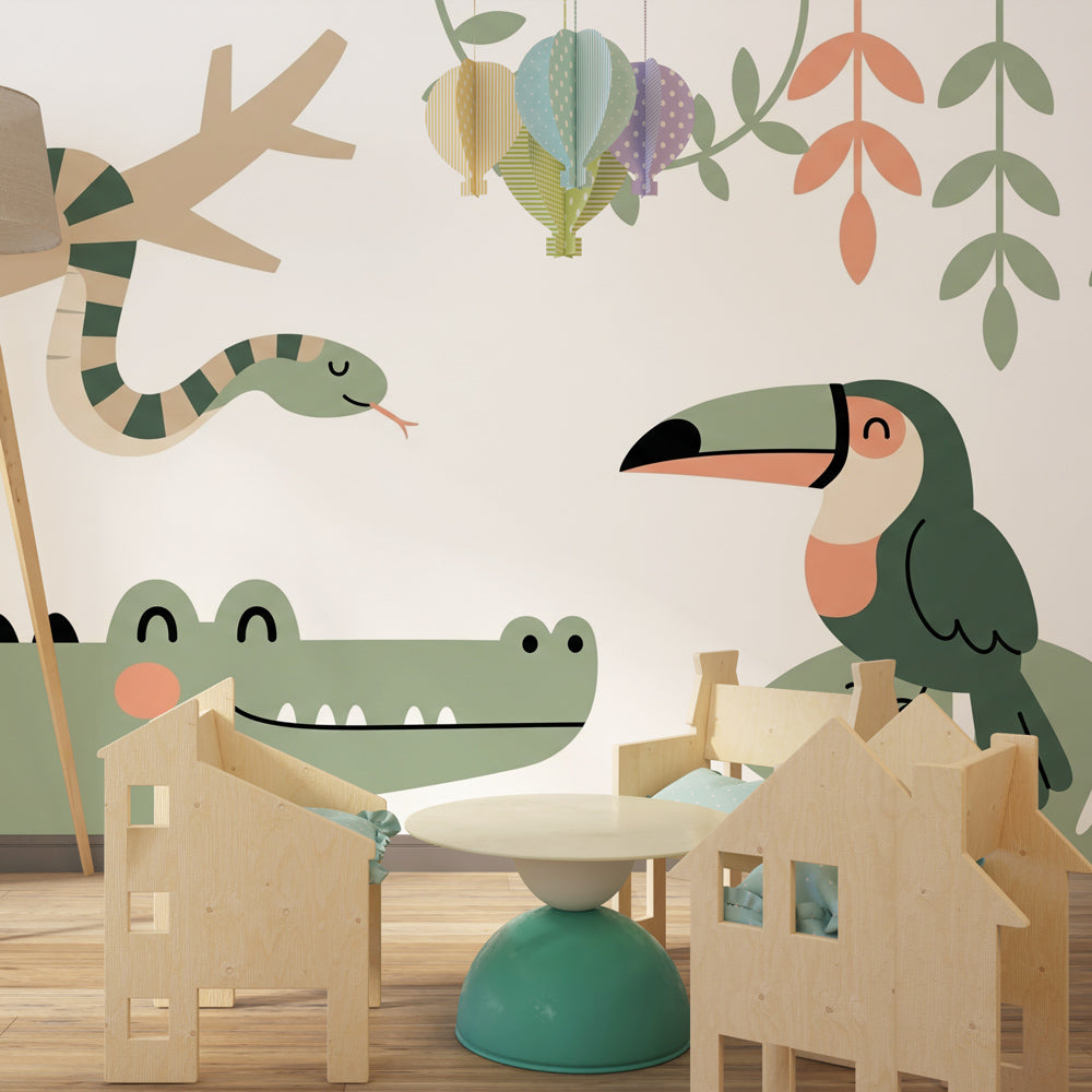 Children's jungle themed mural wallpaper transforming playroom into tropical safari adventure space