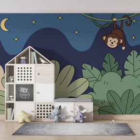 Nighttime jungle mural wallpaper with moon and stars creating adventure-themed playroom by Kids-Mundo