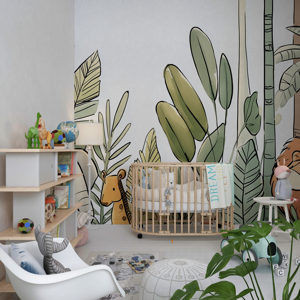 Lush jungle wallpaper with friendly animals transforming children's playroom space