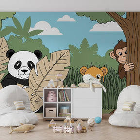 Children's jungle wallpaper transforming playroom into safari adventure space with tropical animals