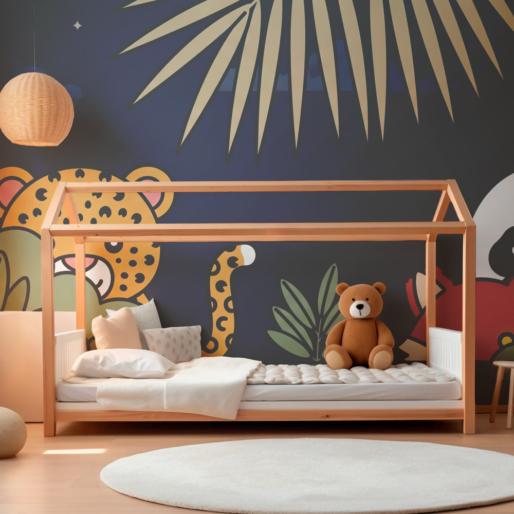 Tropical jungle mural wallpaper with leopard panda and fox in kids playroom setting
