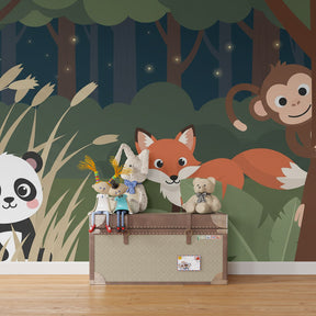 Tropical jungle mural wallpaper with panda fox and monkey in children's playroom setting
