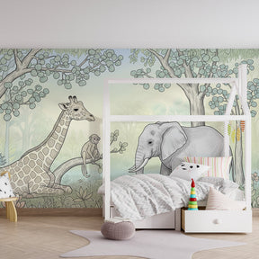 Educational jungle wallpaper creating wildlife-themed playroom decor for kids