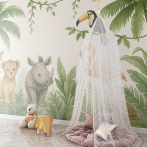Safari themed mural wallpaper creating adventurous atmosphere in kids playroom space