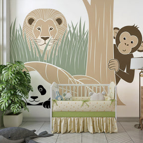 Tropical jungle mural wallpaper with panda, lion and monkey in colorful kids playroom