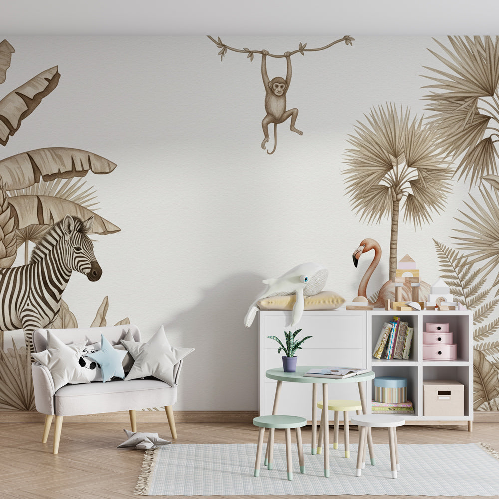 Safari adventure wallpaper featuring tropical animals in modern children's playroom setting
