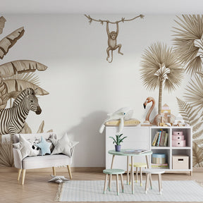 Safari adventure wallpaper featuring tropical animals in modern children's playroom setting