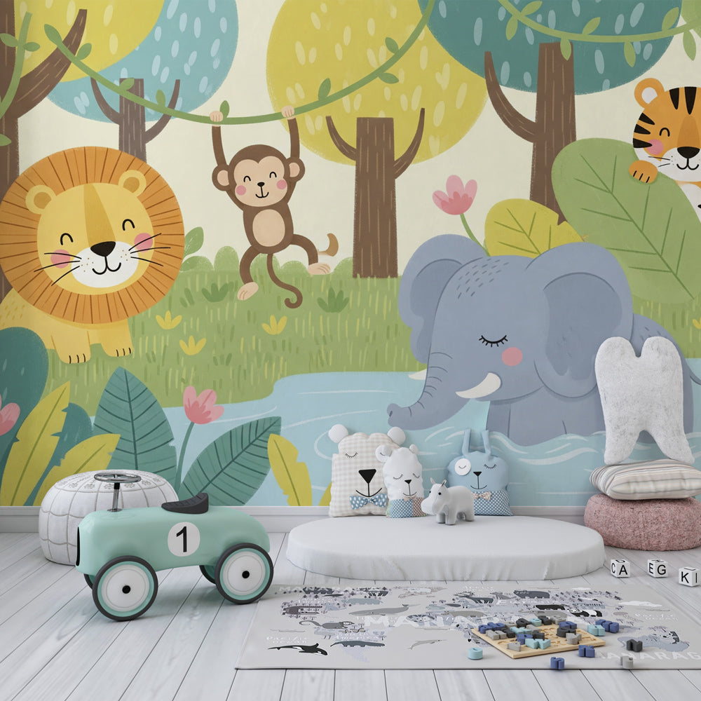 Tropical jungle animals wallpaper transforming kids playroom into wildlife adventure zone