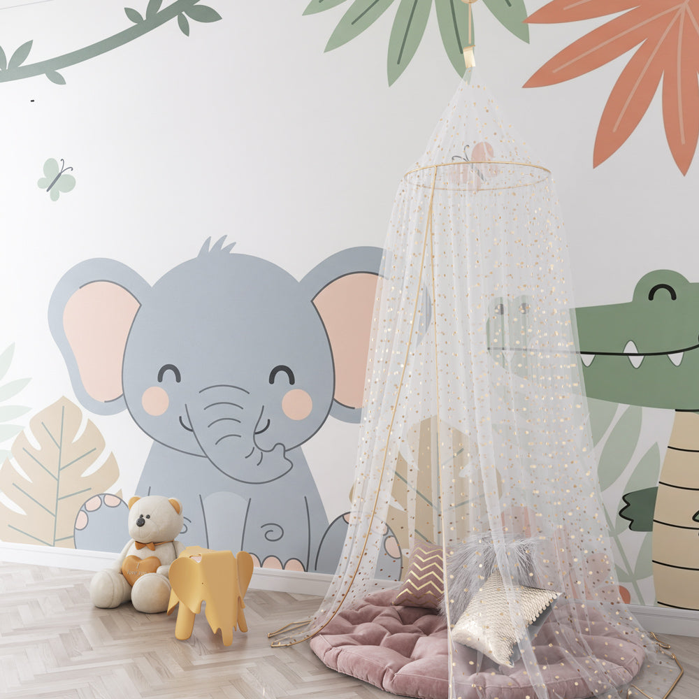 Safari animals wallpaper with tropical foliage decorating colorful kids playroom space