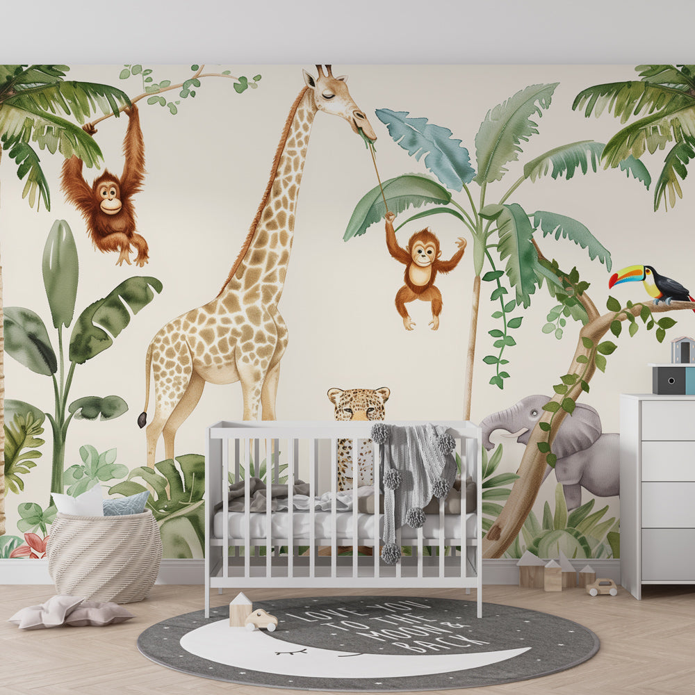 Wild safari jungle mural wallpaper for kids playroom featuring tropical animals and green vegetation