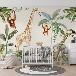 Wild safari jungle mural wallpaper for kids playroom featuring tropical animals and green vegetation