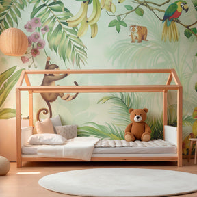 Safari animals mural wallpaper transforming children's playroom into jungle adventure