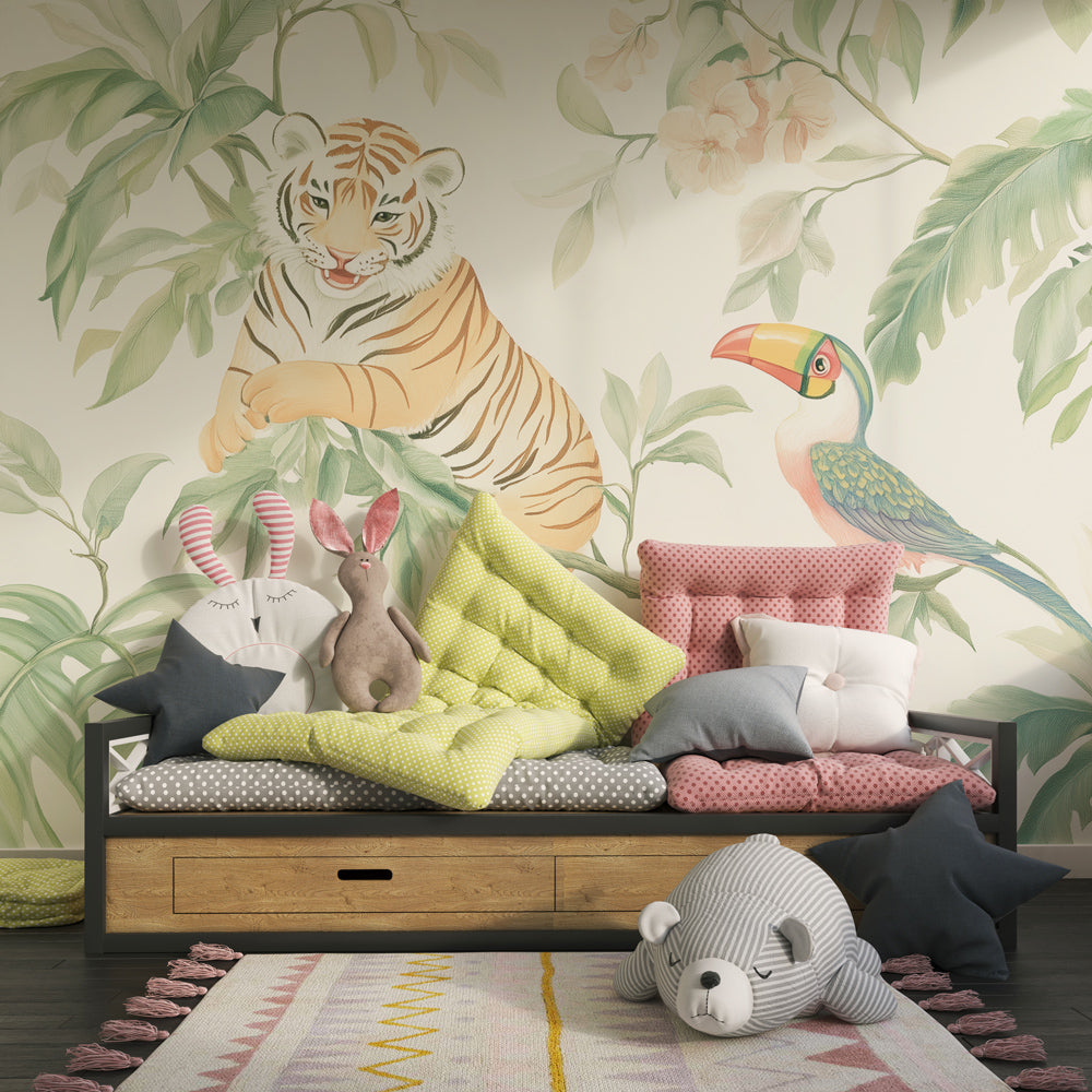 Tropical jungle mural wallpaper with exotic animals transforming children's playroom space