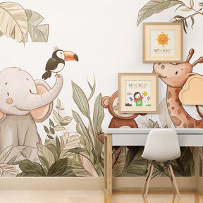 Wildlife mural wallpaper with friendly jungle animals decorating modern kids playroom space