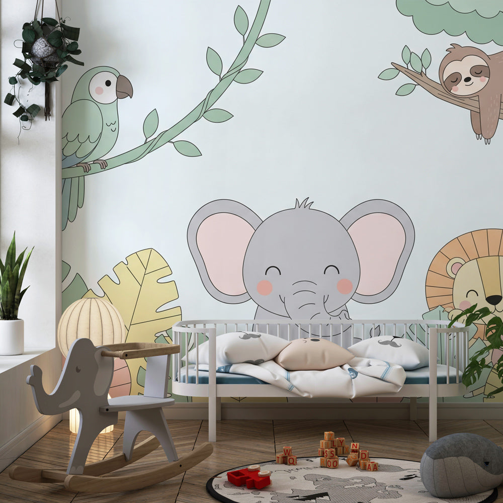 Adorable jungle animals wallpaper transforming kids playroom with tropical safari theme