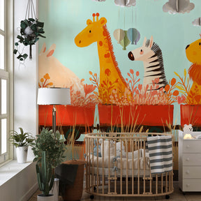 Colorful jungle animals wallpaper transforming kids playroom into safari adventure