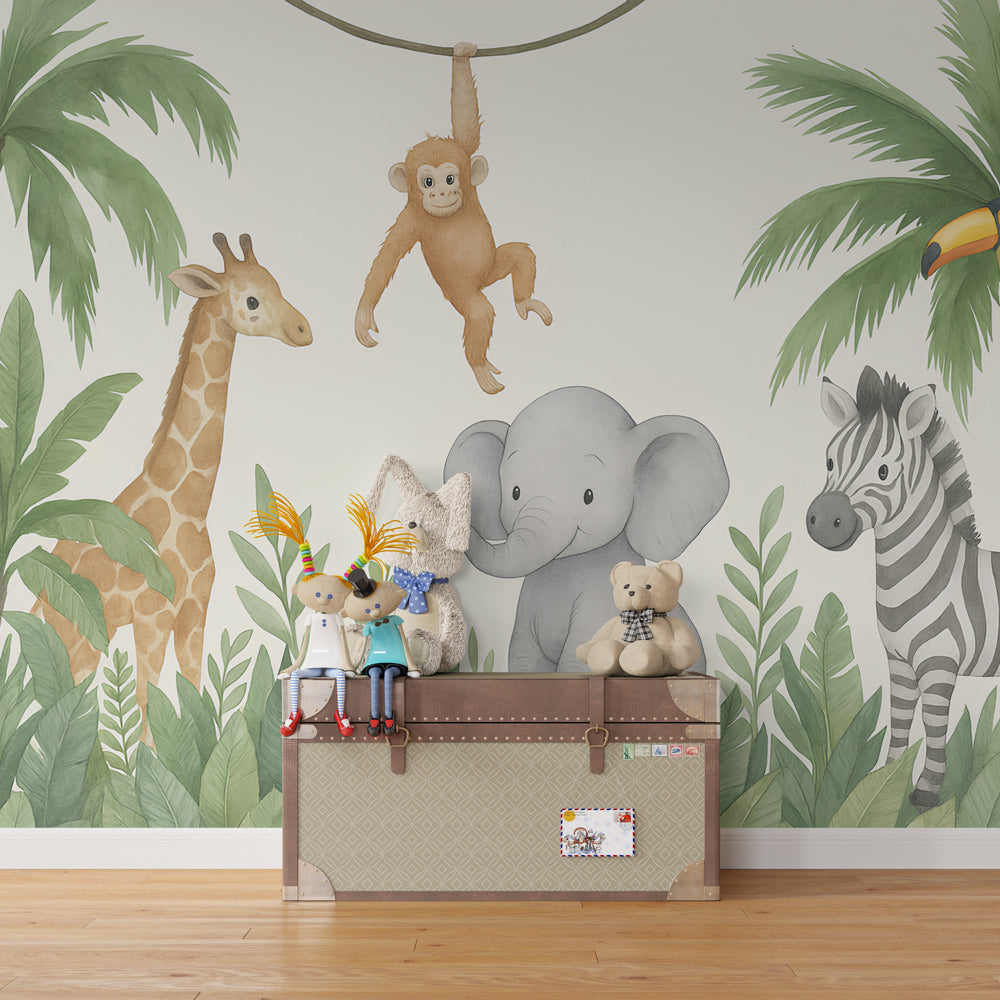 Colorful jungle mural wallpaper featuring elephant, giraffe, monkey and zebra in kids playroom