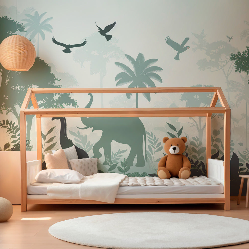 Elephant and giraffe mural wallpaper transforming children's playroom into African safari adventure