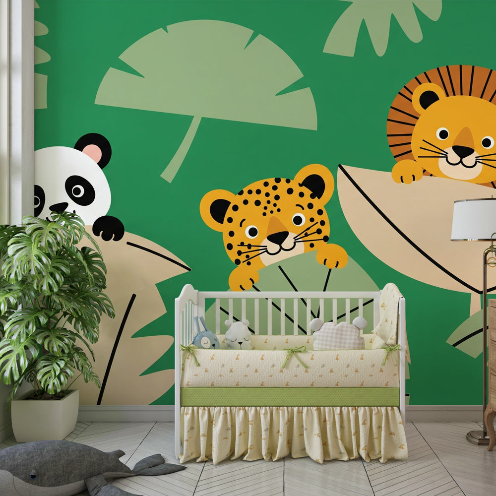 Tropical jungle animals wallpaper creating immersive playroom environment with safari theme decor