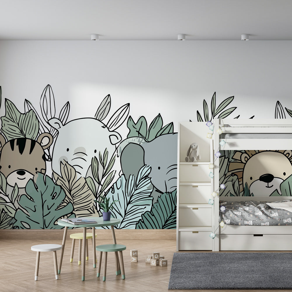 Children's jungle wallpaper featuring tiger, elephant, lion and bear in playful room setting