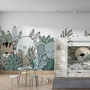 Children's jungle wallpaper featuring tiger, elephant, lion and bear in playful room setting