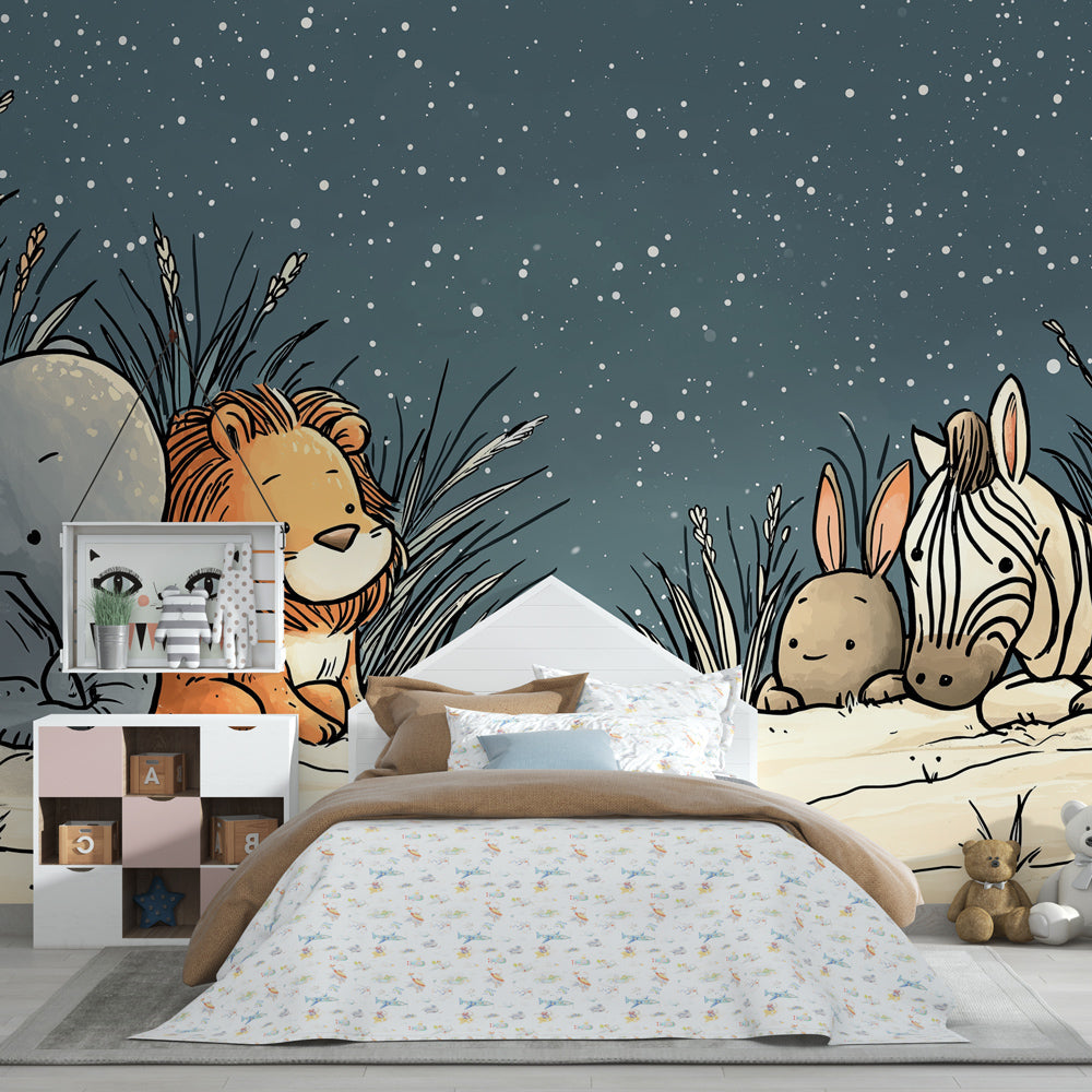 Starry night jungle animals wallpaper transforming children's room into safari adventure