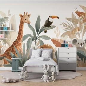 Safari animals wallpaper creating peaceful kids bedroom with giraffe lion koala toucan design