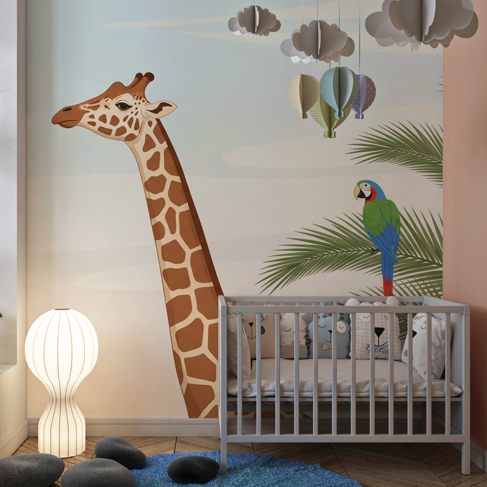Safari themed mural wallpaper creating tropical kids bedroom decor with natural elements