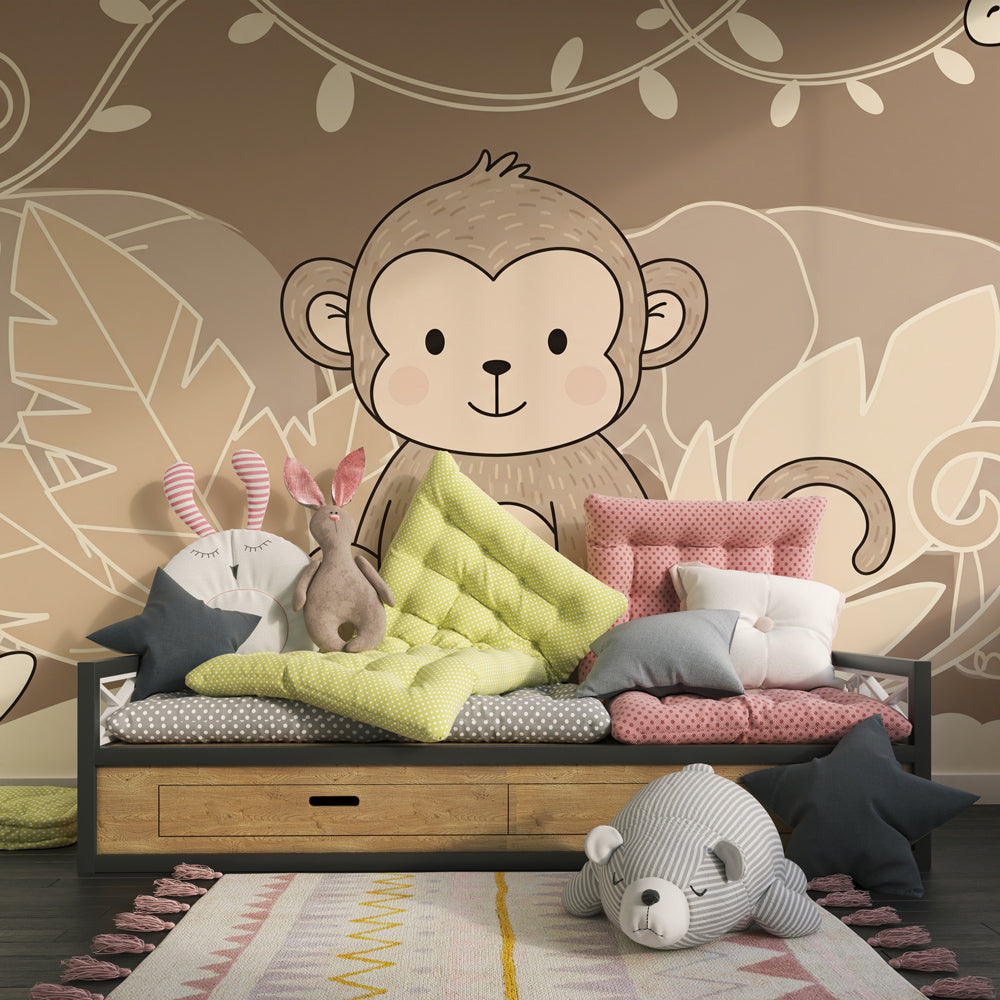 Safari monkey wallpaper creating adventurous children's bedroom decor with tropical theme