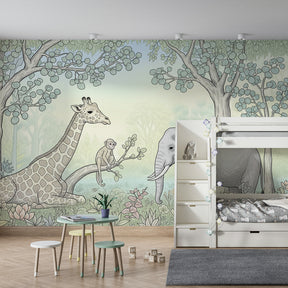 Safari-themed mural wallpaper with tropical animals decorating children's bedroom space