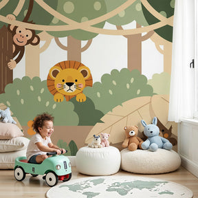 Jungle animals mural wallpaper with monkey and lion creating safari adventure nursery by Kids-Mundo