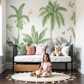 Jungle animals mural wallpaper with elephants and giraffes in modern nursery by Kids-Mundo