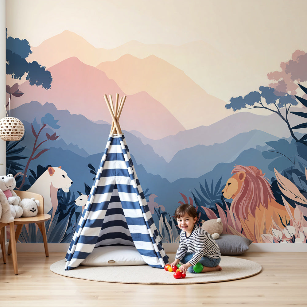 Jungle animals mural wallpaper with lions in modern nursery setting by Kids-Mundo