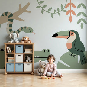 Sage green jungle animals mural wallpaper in modern nursery with natural wood furniture by Kids-Mundo