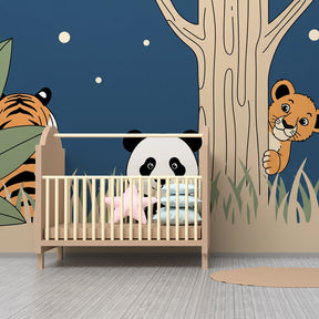 Starry night jungle wallpaper with tropical animals in kids room setting by Kids-Mundo