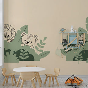 Safari themed mural wallpaper transforming toddler bedroom into jungle adventure space by Kids-Mundo