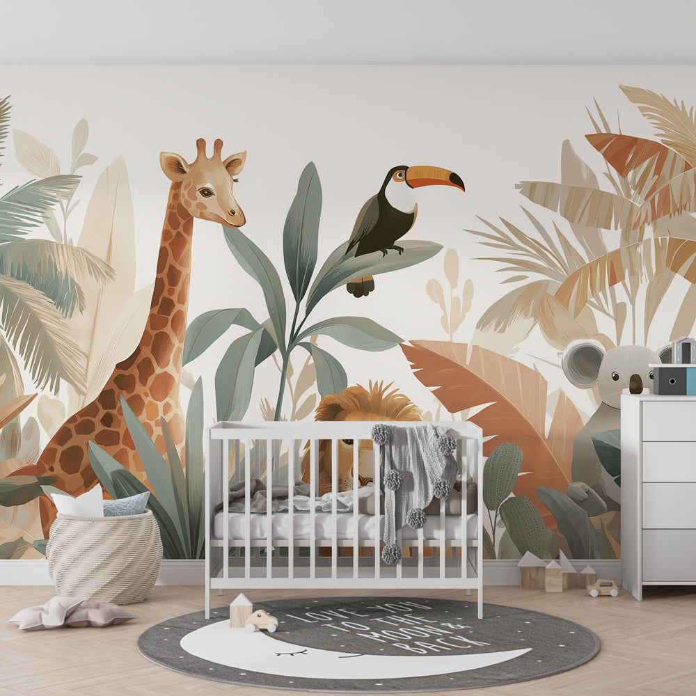 Jungle theme mural wallpaper transforming toddler room with warm neutral safari animals