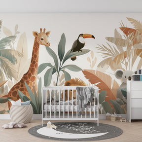 Jungle theme mural wallpaper transforming toddler room with warm neutral safari animals
